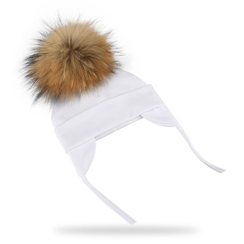 Berretto In Cotone Pompon Procione Naturale Autunno Inverno Per Cappello Da Neonato Con Paraorecchie Neonato Con Cofano Per Bambini Pompon Reale