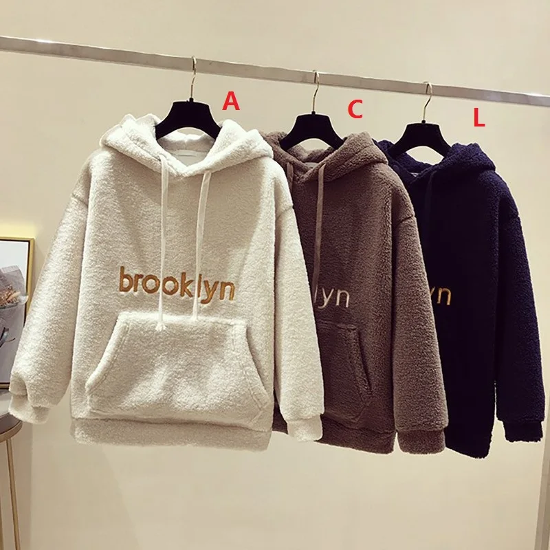  Autumn Winter Fashion Fleece Pullover Tops Sweatshirts Women Loose Warm Hoodies Long Sleeve Plush F