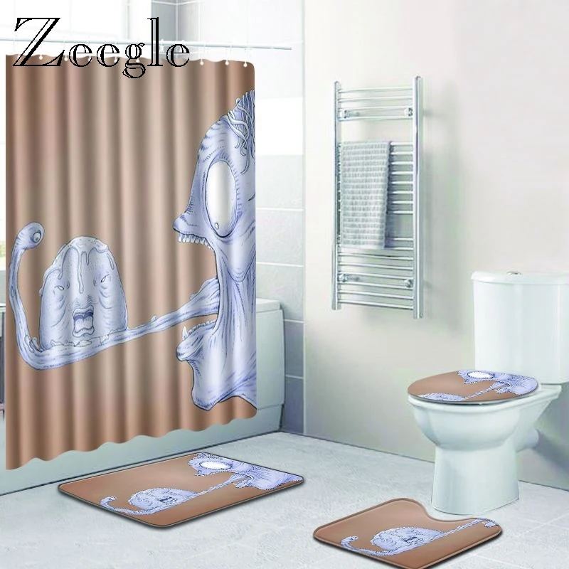 Zeegle Printed Puppy Bath Mat Set Toilet Entrance Rug Shower Curtain Set with Hooks Modern Rug Pedestal Rug Lid Toilet Cover Mat