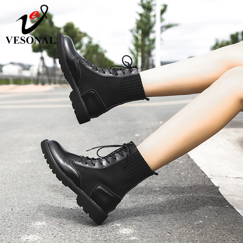 

VESONAL 2019 Autumn Winter Fashion socks Casual Leather Shoes Women Boots Female Booties Woman Footwear