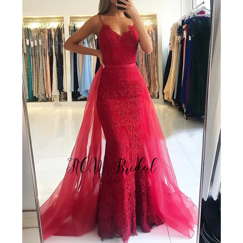 

Gorgeous Red Mermaid Lace Arabic Evening Dress With Detachable Train Backless Floor Length Spaghetti Strap Charming Prom Gowns