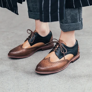 

Women's genuine leather mix color lace-up flats oxfords leisure retro vintage female british style carving brogues shoese women