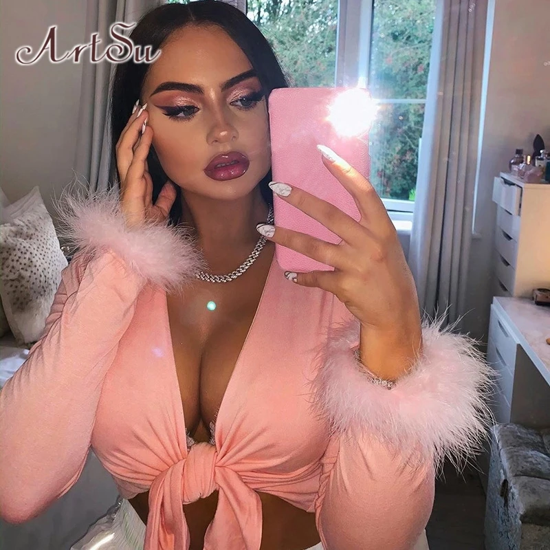 ArtSu Vogue розовые футболки с v образным вырезом для женщин короткий топ длинным