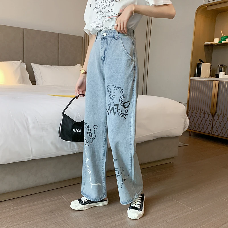 Y2K Fashion Clothes Cartoon Pattern Printed Jeans 2022 New Women's Casual Loose Denim Trousers Ladies Blue Straight Trousers iamsure slim star pattern denim elastic jeans casual streetwear mid waisted flare pants women 2023 autumn winter fashion ladies