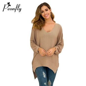 

PEONFLY 2019 New Plus Size Autumn Winter Knitting Casual Sexy V Neck Solid Color Sweater Loose Female Sweaters Fashion Women