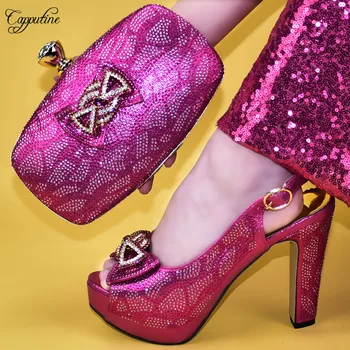 

Graceful fuchsia wedding/party high heel sandal shoes with handbag set with stones 688-1 heel height 12cm