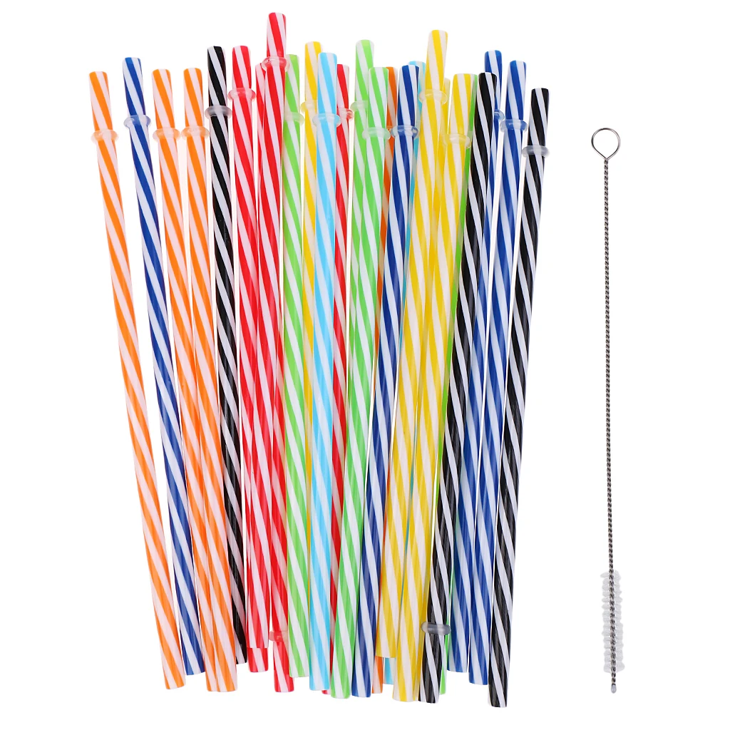 25x Colorful Reusable Hard Plastic Acrylic Rings Jar Straws + 1x Cleaning Brush Baby Shower Home Birthday Party Tableware