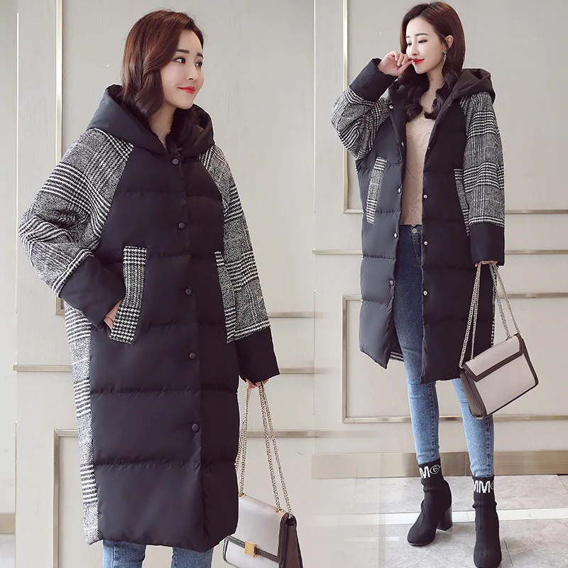 

Fashionable Cool Pattern Joint Hooded Cotton-padded Clothes 2018 Winter New Products Trend Versatile Medium-length Thick Warm Co