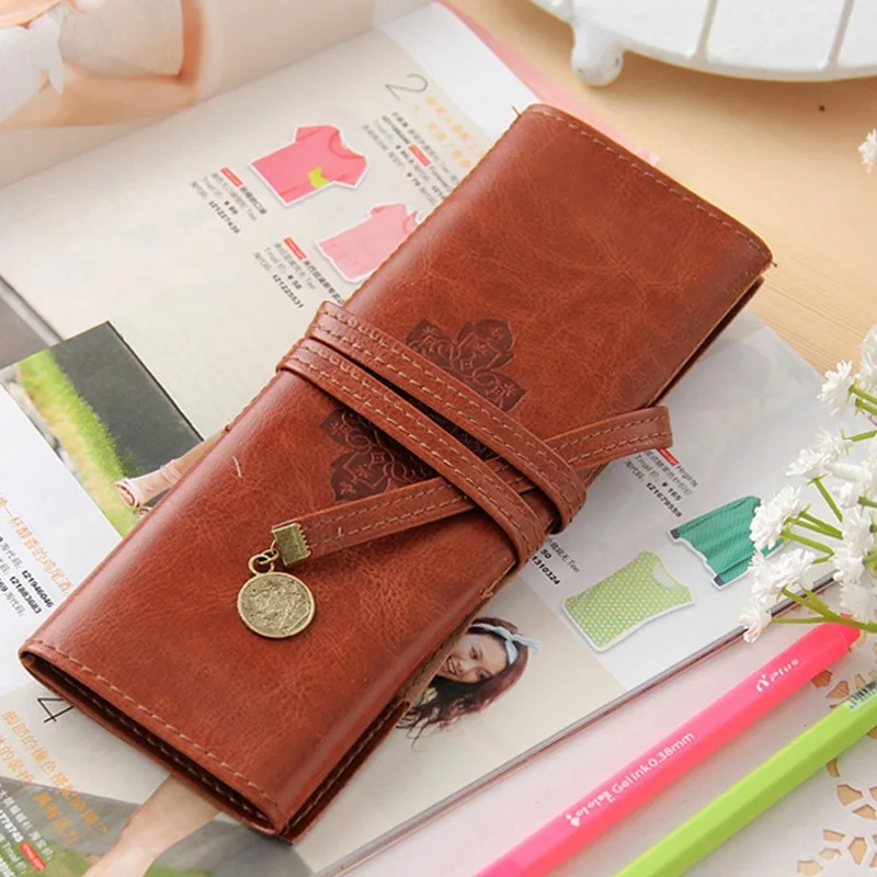 Pencil Cases Roll PU Leather Purse Pouch Makeup Pem Pencil Case Cosmetic Bag Retro