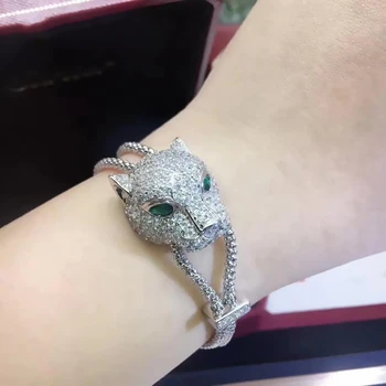 

Luxury Green Eyes Leopard Head Charm Bracelet Women Wedding Cuff Animal Design Charm Chain Pseudo Gold Jewelry
