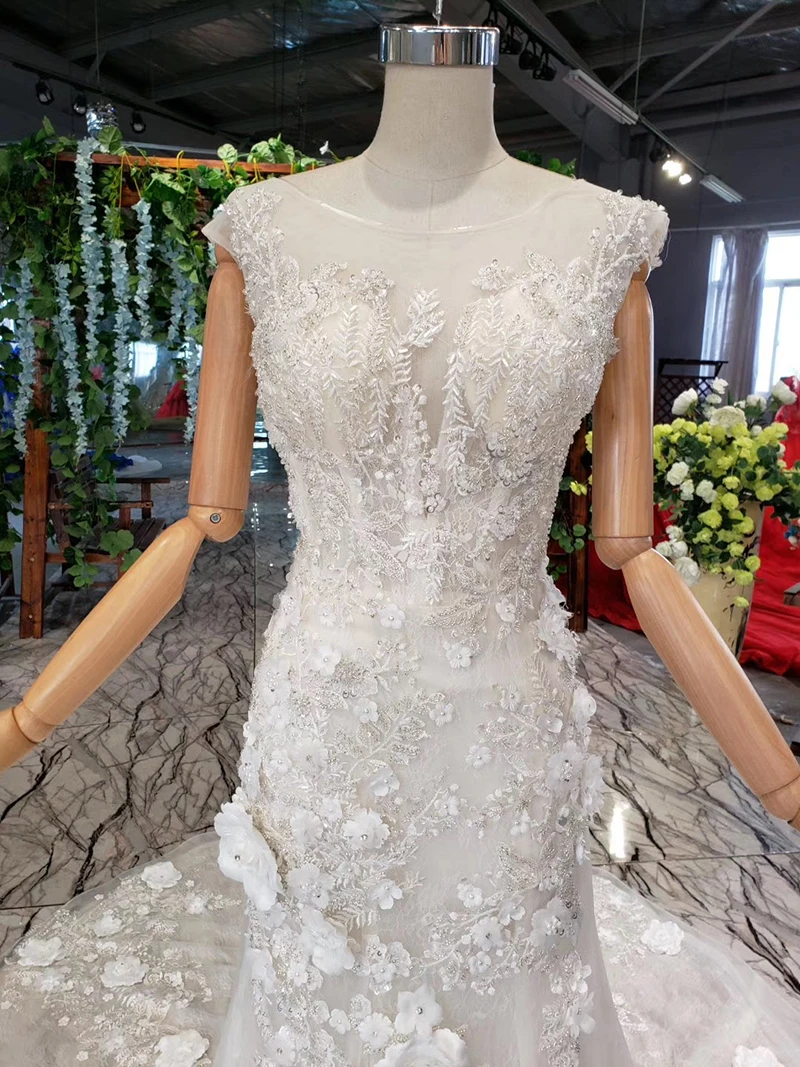LSS534 Бохо свадебное платье Русалка o-образным вырезом аппликации 3D Цветы кепки рукава Кружева Свадебные платья для невесты vestido de noiva princesa