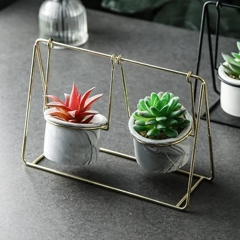

Metal Ceramic Flower Pot with Iron Rack Holder Porcelain Planter Pot Swing Design Desktop Flowerpot Fairy Home Garden Decor