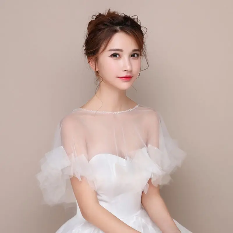 Womens Wedding Cape Sheer Tulle Trim Bridal Capelet 1920S Ladies Pullover Neck Shrug Wrap for Dress Cover Up