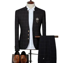 (Blazer + Broek) mode Stand Kraag Men's Plate Pak Set English Slim Party Dress Stalknecht Pak High End Plus Size 3XL Suits