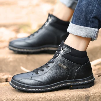 

Winter Men genuine Leather Ankle Dress Boots Luxury with fur warm Men Boots Fashion Vintage Motorcycle Chelsea snow Boots