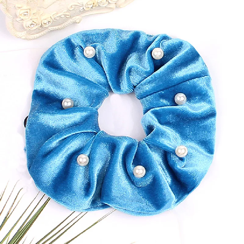Soft Flannel Scrunchies With Pearl Rope Ties Elastic Hair Bands For Women Sweet Solid Color Ponytail Holder for Hair Accessories - Цвет: Светло-голубой