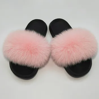 

New Color Real Fox Fur Slippers Slides Casual Shoes Fluffy Slippers Flip Flops Furry Shoes Women 45Big Size