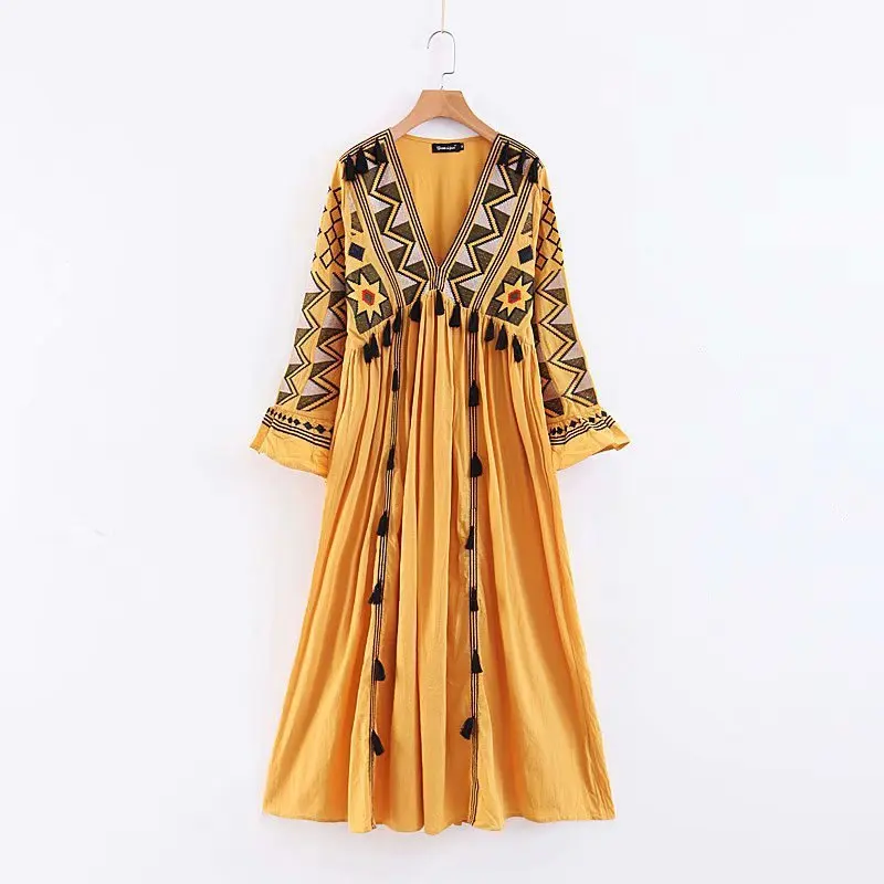 

DEAT 2019 Autumn Long Flare Sleeve V Neck Yellow Floral Print Embroidery Maxi Free Size Loose Dress Women MG477