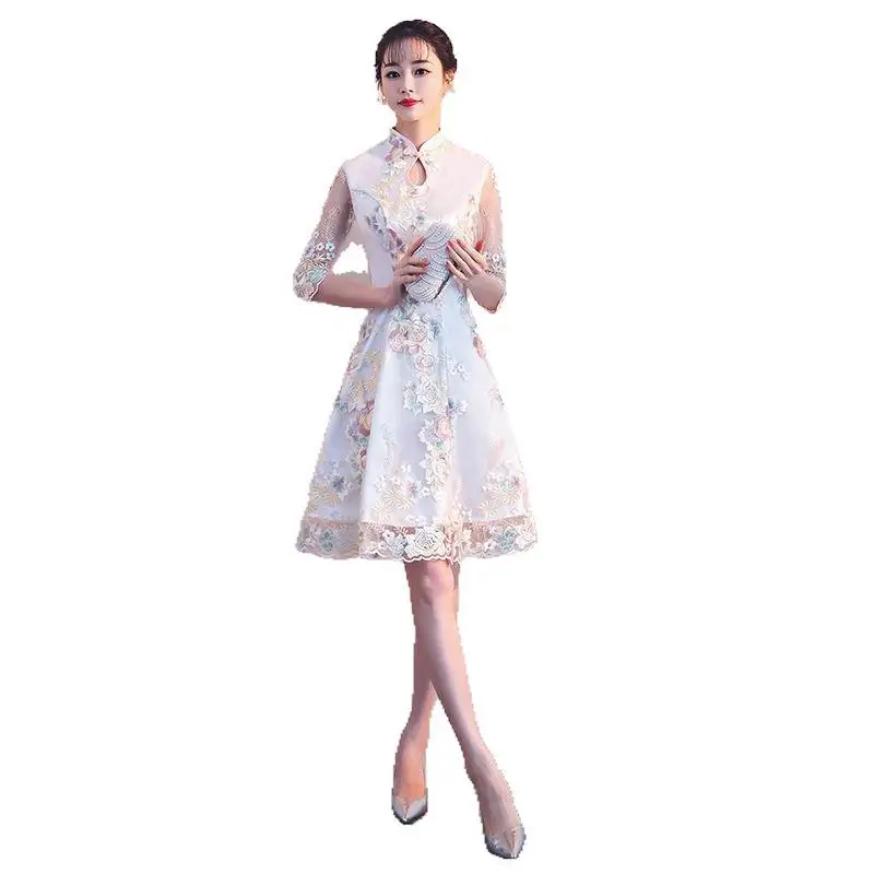 Новые женские летние платья и платья Cheongsam для девочек средней длины в стиле ретро с короткими рукавами женская одежда для отдыха с вышивкой