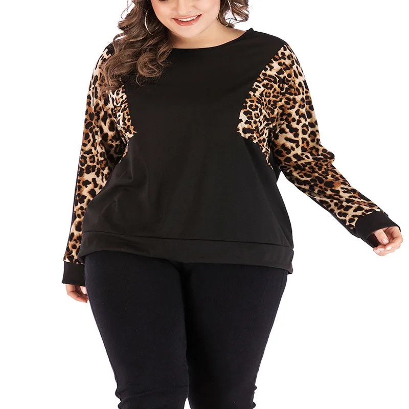Autumn T-shirt women's large size 5XL- XL9 bust 138CM sweater round neck pullover shirt leopard long-sleeved stitching