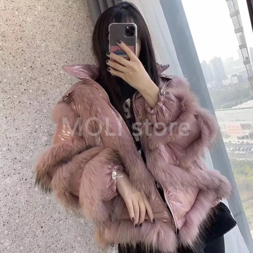 Pink Женское зимнее пальто Новая мода енотовидная собака мех белый утиный пух пальто с капюшоном размера плюс - Цвет: Pink