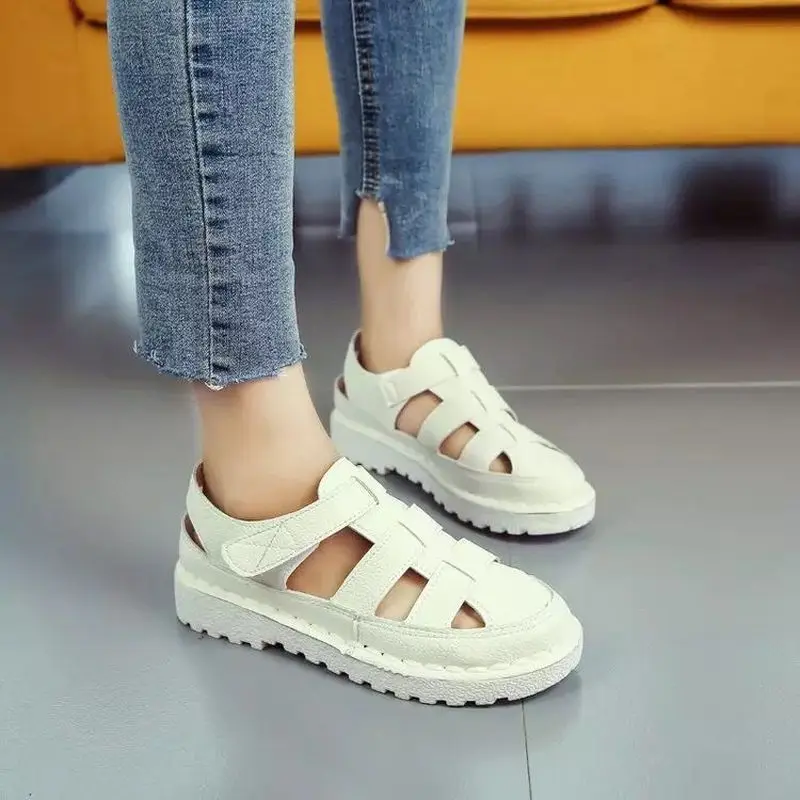 

WDHKUN Women Sandals 2019 Summer Shoes Genuine Leather Covered Toe Soft Casual Walking Zapatos Mujer Plataforma big size 40
