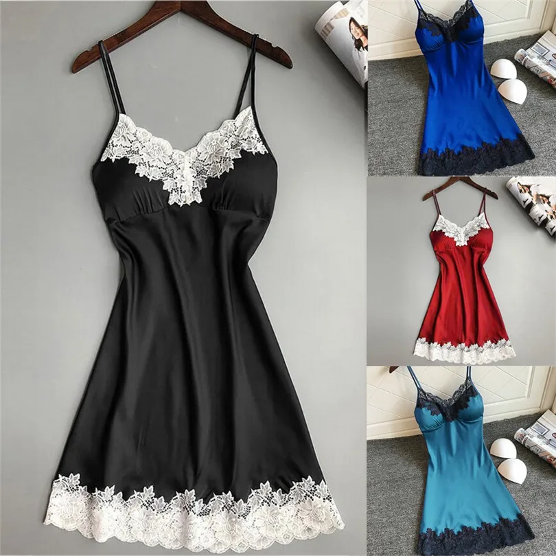  sexy lingerie Satin Sleepwear Women babydolls Large size Patchwork Nightwear Nightdress Sexy Linger