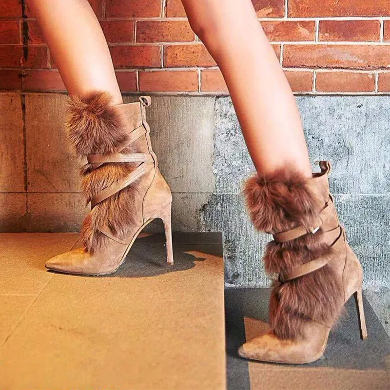 

Woman Boots Crossing Decoration Leather Sharp Boots Rabbit's High heel Boots
