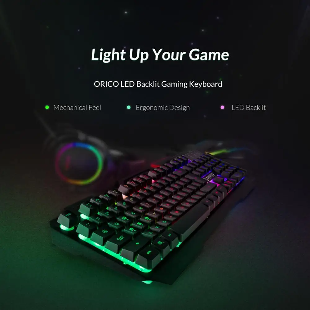 Игровая клавиатура ORICO, механическая клавиатура, 104 клавиш, проводная, водонепроницаемый, светодиодный, с подсветкой, USB, клавиатура с RGB/Ice Blue, светодиодный, для ноутбука
