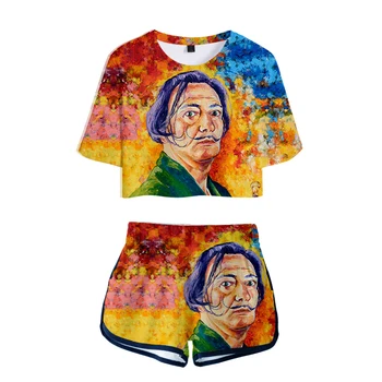

Salvader Dali women 2 piece set tracksuit la casa de papel Crop Tops Shorts jogging navel bare beach sport gym sets