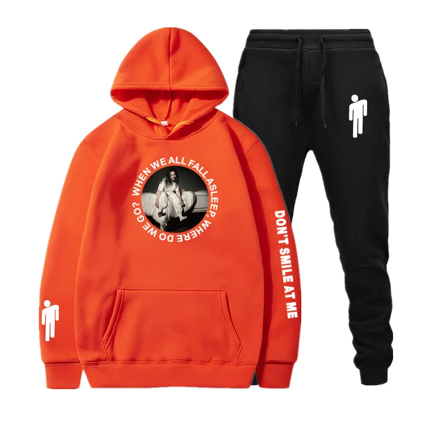 Billie Eilish, новинка, однотонный спортивный костюм, мужская мода, мужская спортивная одежда, два предмета, наборы, хлопок, флис, Толстая Толстовка+ штаны, наборы - Цвет: Orange black20212