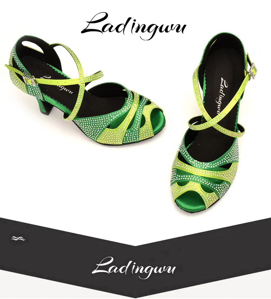 Ladingwu/Танцевальная обувь со стразами; латинский танец сальсы; обувь для девочек; цвет темно-зеленый, светло-зеленый; градиентная танцевальная обувь; женская розовая обувь с маленьким носком