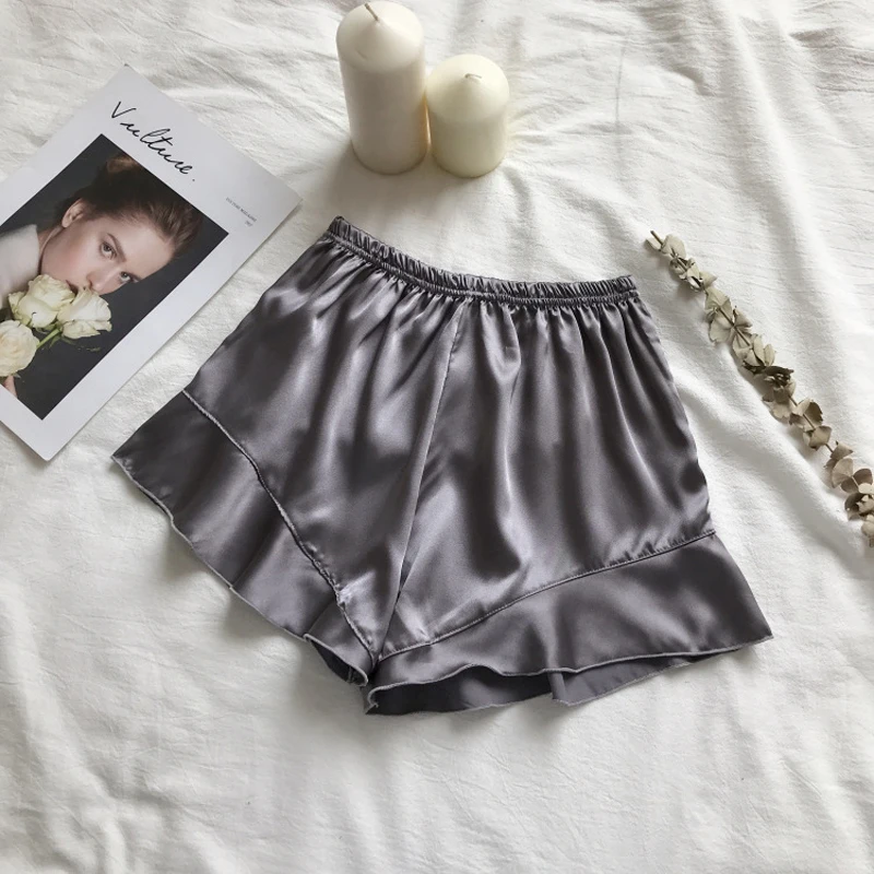 2020 female summer satin casual safety shorts sexy simple ruffled pants elastic waist soft color sleep can be worn |