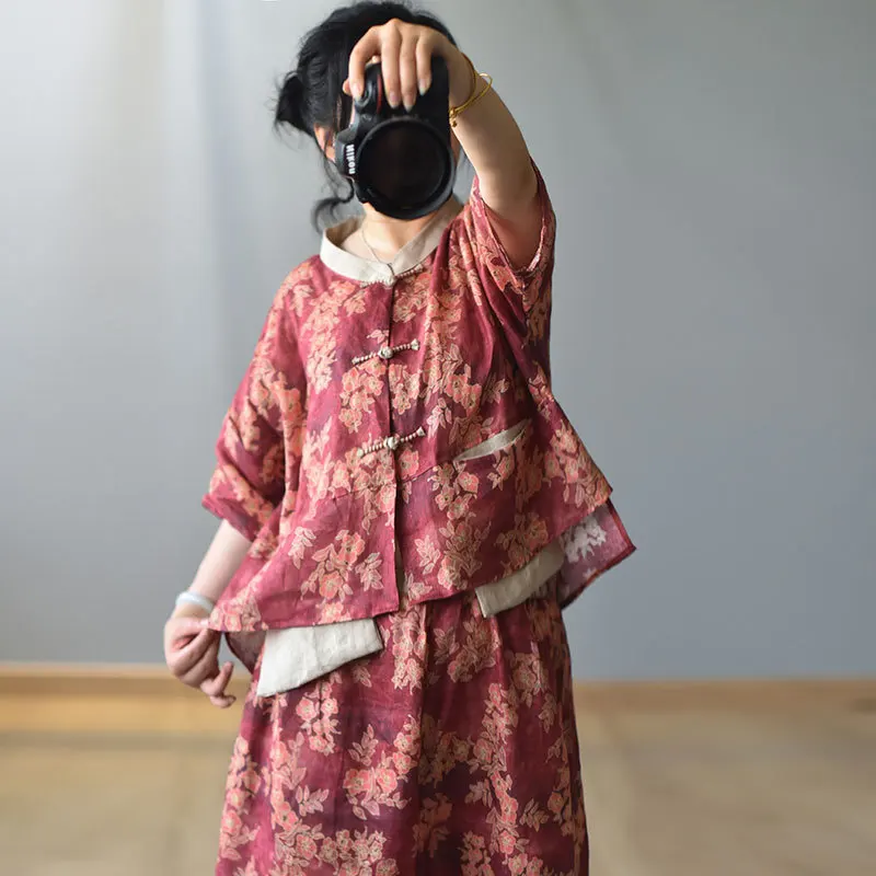 Women Loose Printed Linen Blouse Female Single Breasted Shirt Tops Female Vintage Flax Shirts 2020 Summer 2