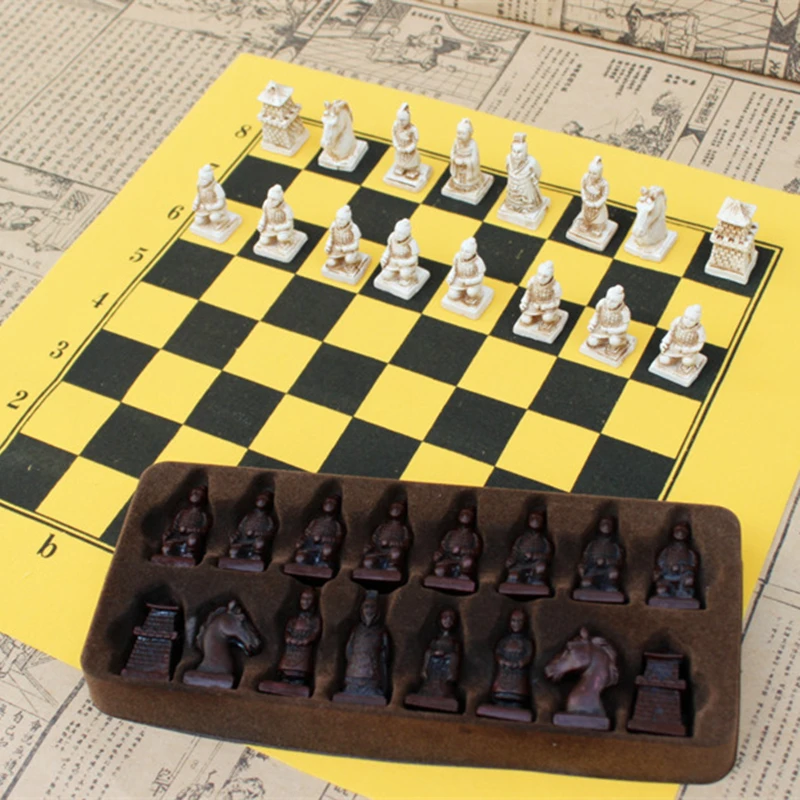 New Hot Antique Chess Set Leather Chessboard China Terracotta Chess Pieces antique chess small chess pieces leather resin chess pieces chessboard ifelike chess pieces characters parenting entertainment