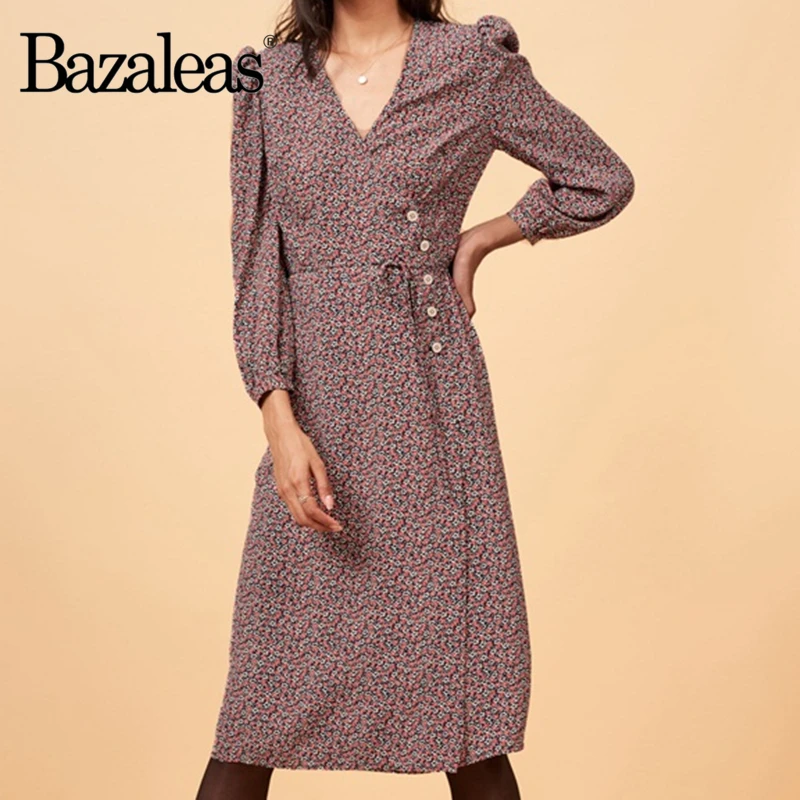Bazaleas Vintage Red Floral Print Gabin wrap women dress France Long Sleeve vestido fastening tie side Buttons midi |