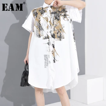 

[EAM] Women White Printed Big Back Chiffon Size Shirt Dress New Lapel Shirt Sleeve Loose Fit Fashion Spring Summer 2020 1T94100