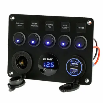 

5 Gang On-Off Switch Panel Blue LED Toggle 12V/24V Digital Voltmeter Rocker Switch Dual USB for RV Car Boat Truck