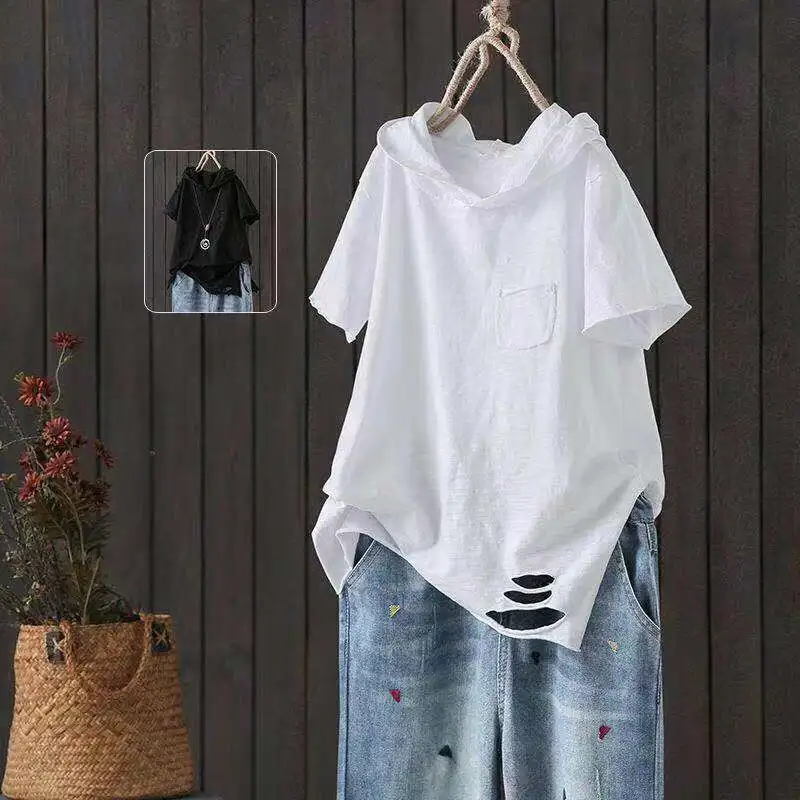Women's Hooded T-shirt 2025 Original 95% Cotton Summer New Style Loose Cotton Short-sleeved Literary Hole Casual Women Clothing 1