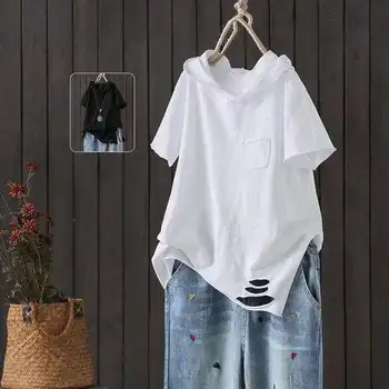 Women's Hooded T-shirt 2025 Original 95% Cotton Summer New Style Loose Cotton Short-sleeved Literary Hole Casual Women Clothing 1