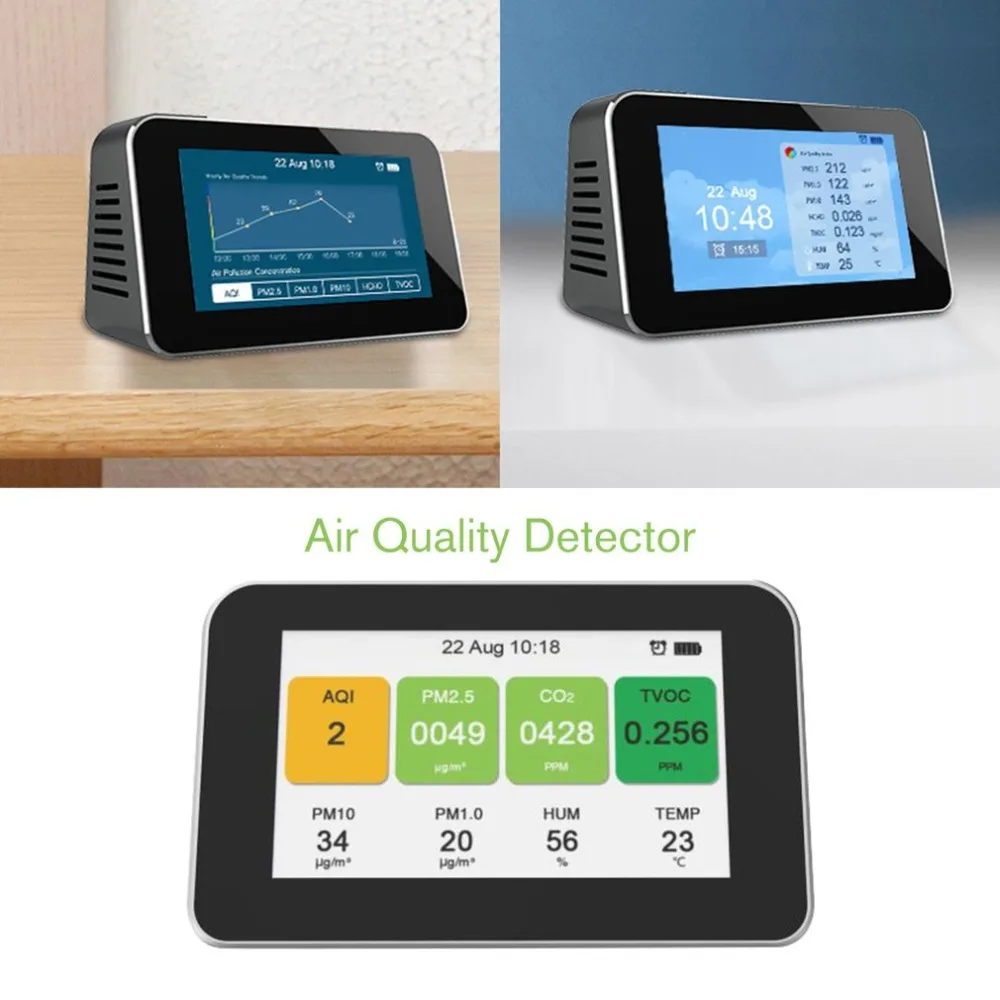 PM2.5/PM10/PM1.0/TVOC/CO2 тестер AQI анализатор качества воздуха детектор температуры и влажности монитор домашний счетчик смога w/Будильник