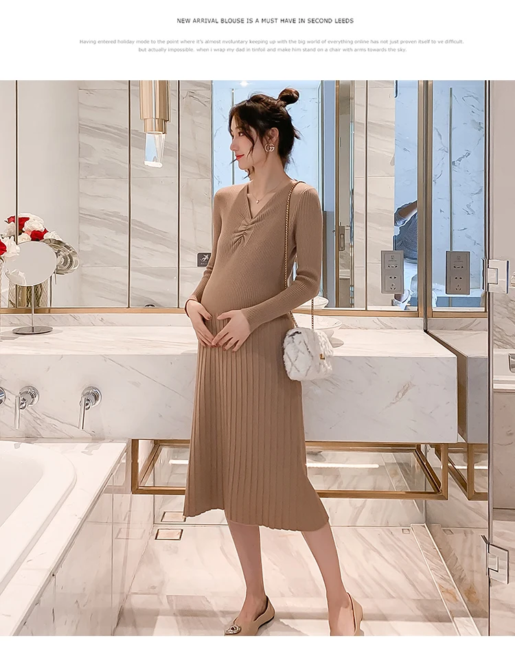 508# осенне-зимнее корейское модное трикотажное платье для беременных с v-образным вырезом, облегающая Одежда для беременных женщин, элегантный кардиган для беременных