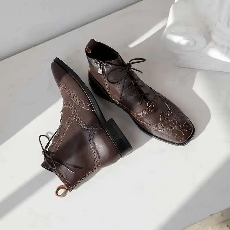 krazing pot British style brogue carved genuine leather boots square toe low heels winter women lace up fashion ankle boots L18