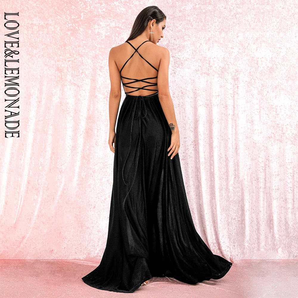 LOVE& LEMONADE черное сексуальное платье с открытой спиной и высокой талией с перекрестными лямками с глубоким v-образным вырезом длинное платье LM81936 осень/зима