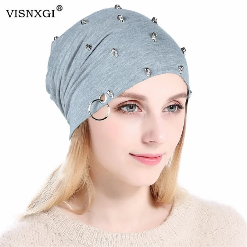 VISNXGI, женская вязаная зимняя шапка, женская зимняя, теплая, унисекс, громоздкая шапка для мужчин, шапочки в стиле хип-хоп, шапки с железным кольцом, с заклепками, трикотажная шапка с черепами