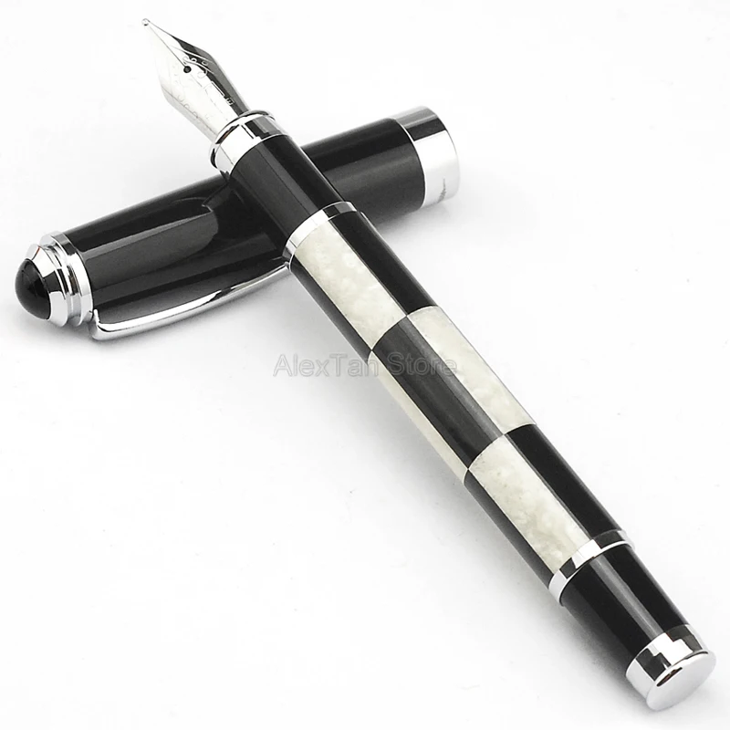 jinhao black and tiny squares metal fountain pen medium nib 0 5mm w converter office school professional stationery writing tool Fuliwen Celluloid Fountain Pen Medium Nib 0.7mm , Black & White Squares Pattern Ink Pen For Best Stationery Writing Gift Pen