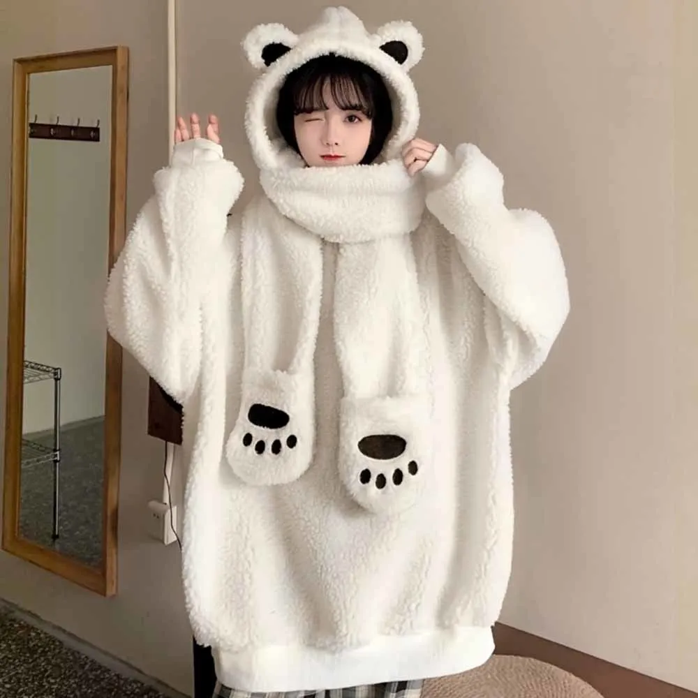 2022 Bear Hoodie Japanese Kawaii Bear Ears Detachable Hooded Scarf Top  Winter new Lamb Wool Cute Harajuku Women Pullovers Hoodie|Hoodies u0026  Sweatshirts| - AliExpress