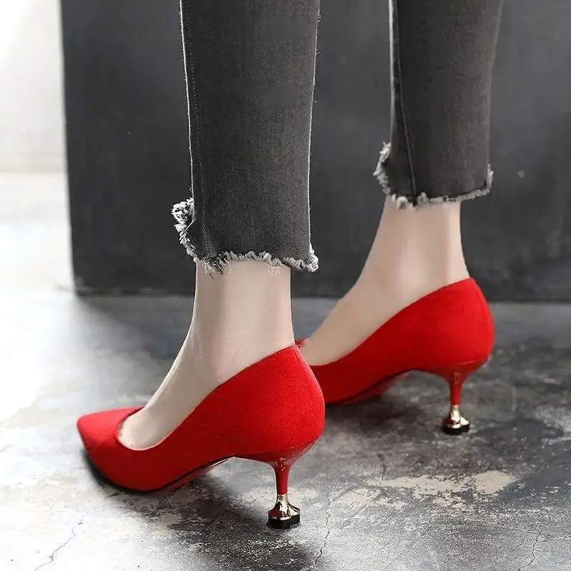 

High Heel Shoes Women's New Style Semi-high Heeled Black Single-layered Shoes Pointed-Toe Kitten Heels Thin Heeled Versatile Hea