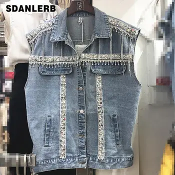 

2019 Spring And Summer New Heavy Work Denim Vest Sequined Diamond Beaded Tassel Jeans Coat