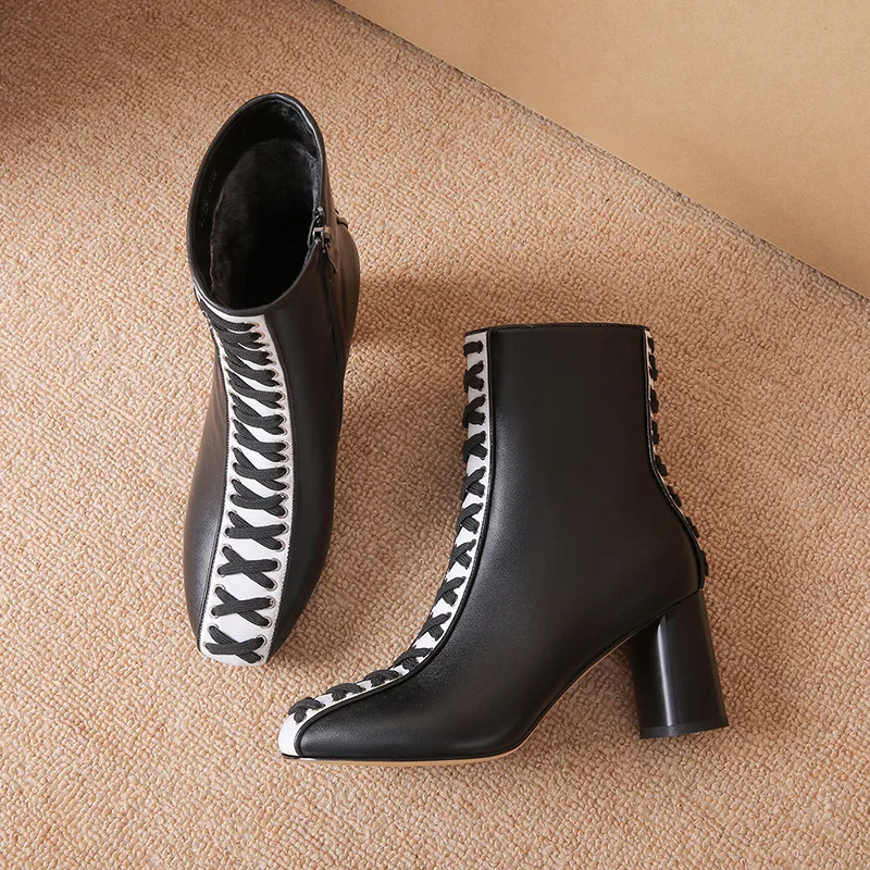 MoonMeek/; женские ботинки из натуральной кожи; зимняя обувь на высоком каблуке; ботильоны на толстом каблуке; цвет черный, белый; большие размеры 33-43